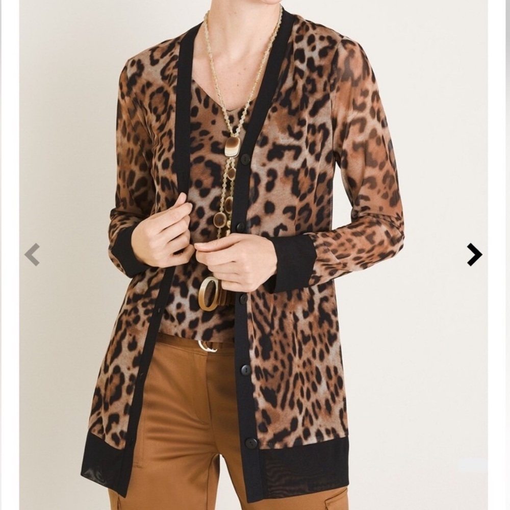 Chico's leopard animal print sheer mesh layering cardigan brown black large